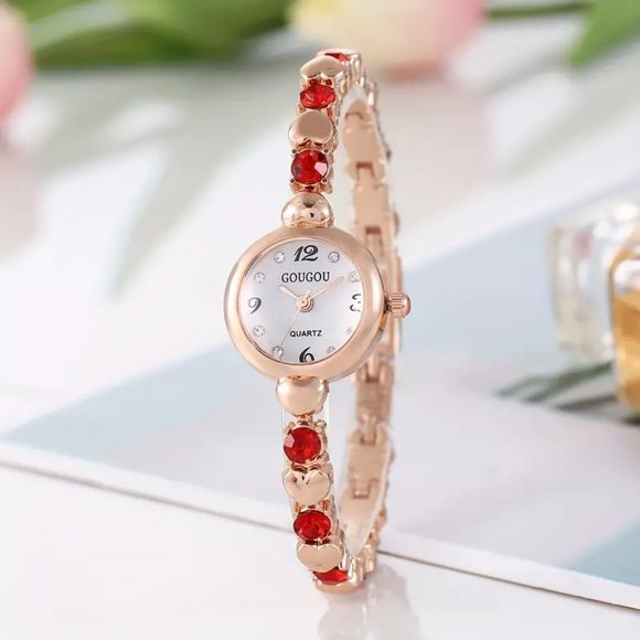 Red Sparkling Rhinestones and Heart Bracelet Ladies Quartz Watch - Picture 1 of 4